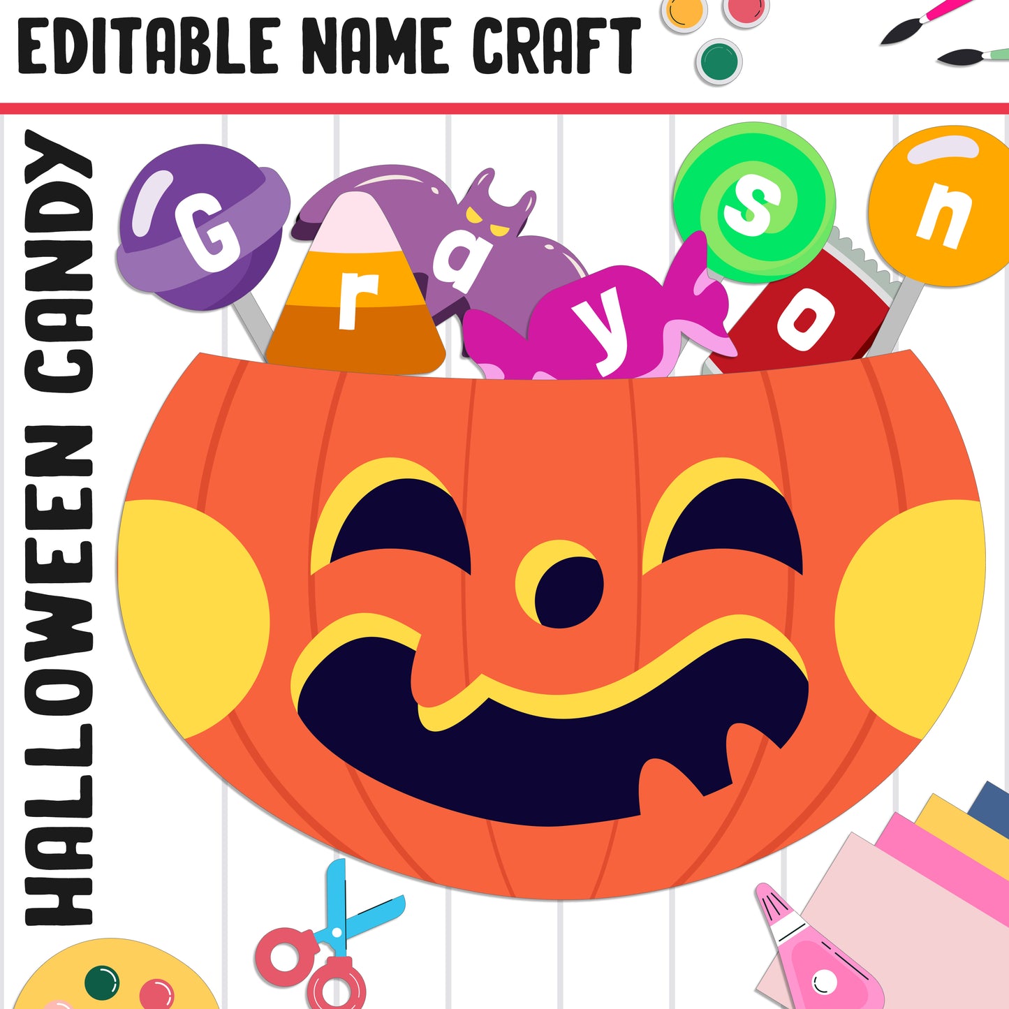 Halloween Candy Bag Name Craft Activity: Back-to-School Bulletin Board, 40 Pages, 5 Designs, Blank & Editable, Color and Black-and-White