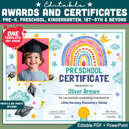 Editable Awards and Certificates, Rainbow Cloud and Star Graduation Template, Preschool & Beyond, Any Grade Diploma or Certificate, With and Without Photo, PDF PowerPoint