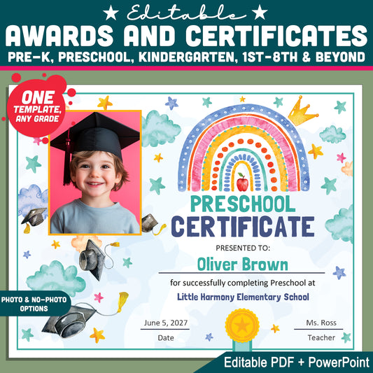 Editable Awards and Certificates, Rainbow Cloud and Star Graduation Template, Preschool & Beyond, Any Grade Diploma or Certificate, With and Without Photo, PDF PowerPoint