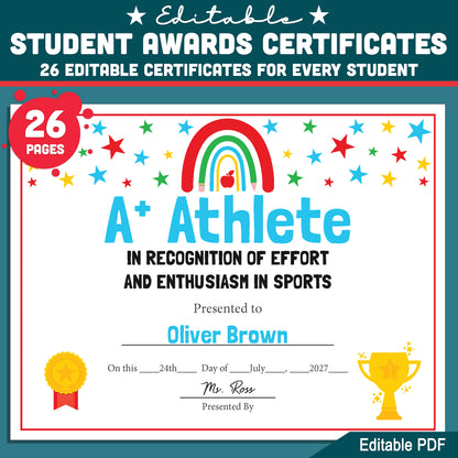 Student Awards Certificates, Printable Classroom Recognition Pack, 26 Editable Designs, Achievement Honors, Simple Editing, Teacher Friendly Resource