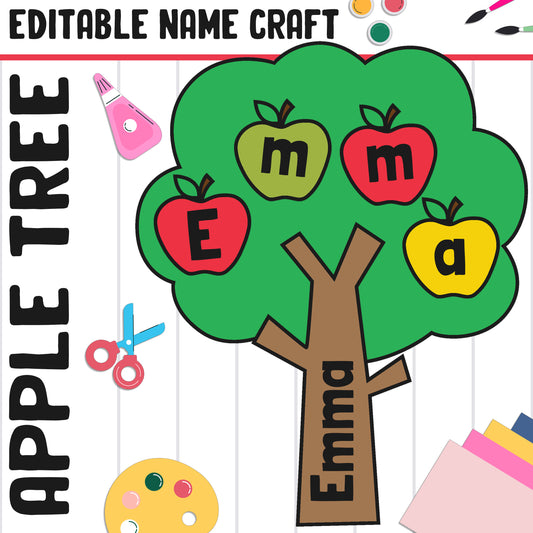 Apple Tree Name Craft: Fall Activity, Back to School Bulletin Board, 32 Pages, 2 Sizes, Blank & Editable, Color and Black-and-White Versions