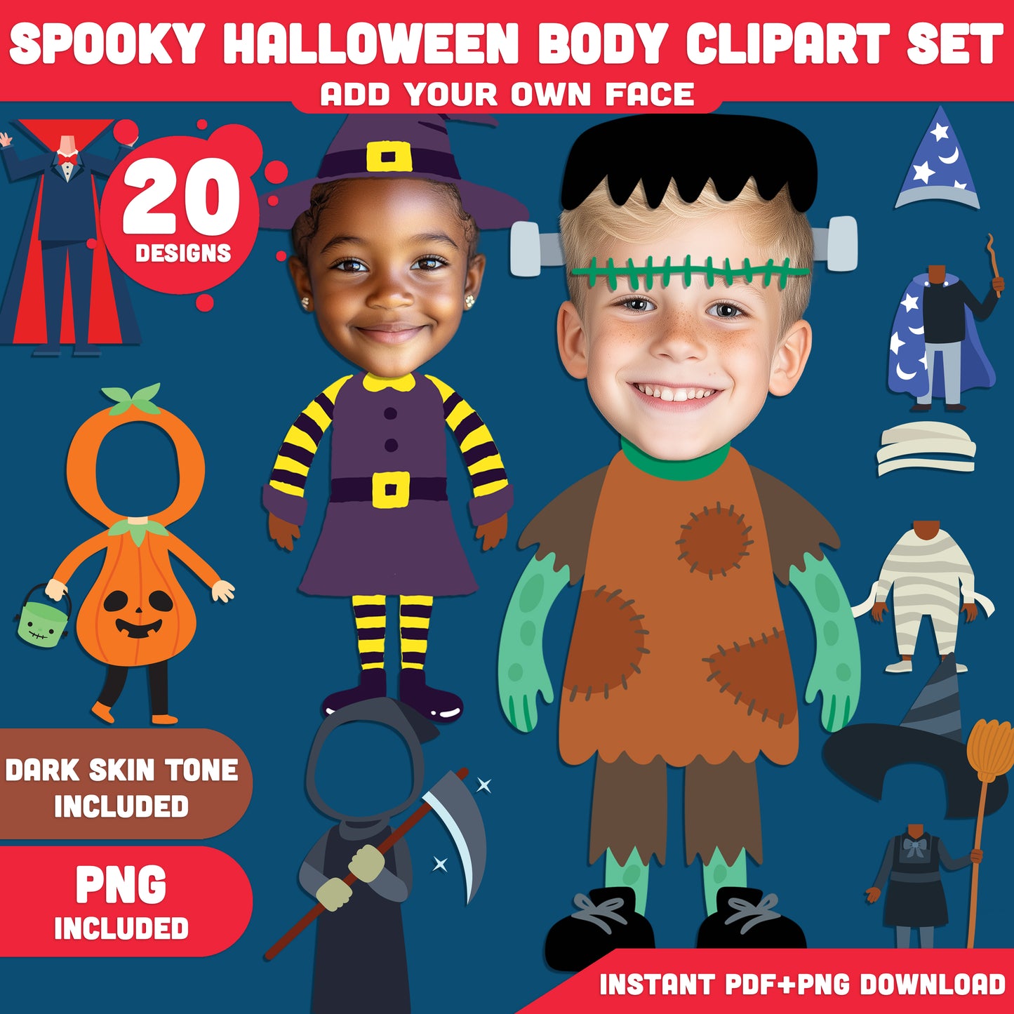 Spooky Halloween Character Body Clipart Set with Customizable Faces PDF, Light & Dark Skin Tones, available in PDF + PNG