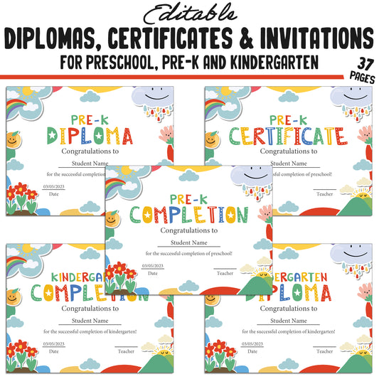 37 Pre-K Certificate Templates, Spring Themed, Kindergarten, Preschool Diplomas, Certificates, Invitation Templates (PDF) - Instant Download