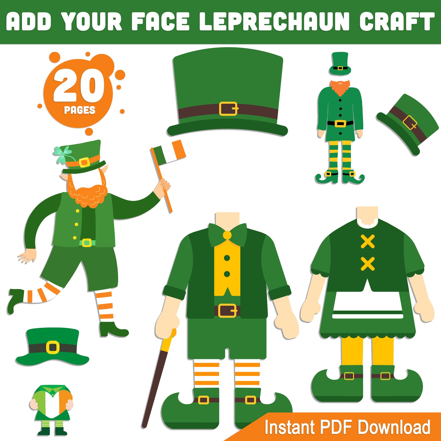 St. Patrick’s Day Add Your Face Leprechaun Craft – 20 Printable Cutout Templates for Kids, Perfect for Bulletin Boards, Classroom Decor, and Spring Fun!