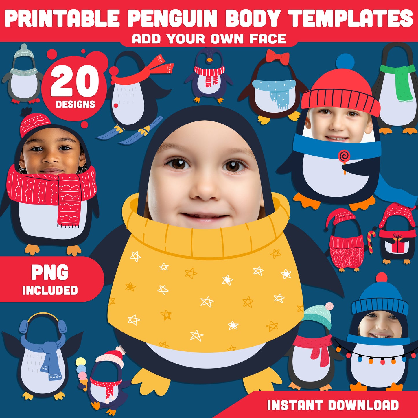 Printable Penguin Body Templates, Add Your Face Christmas Crafts, 20 Designs, Winter DIY Art Activity for Kids, Classroom or Home, PDF + PNG, 8.5x11"
