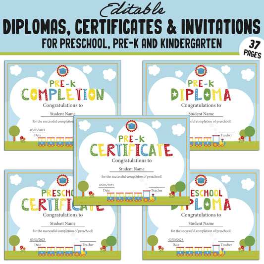 Editable Pre Kindergarten, Preschool, Kindergarten Diplomas, Certificates, and Invitations – 37 Customizable PDF Pages, Instant Download