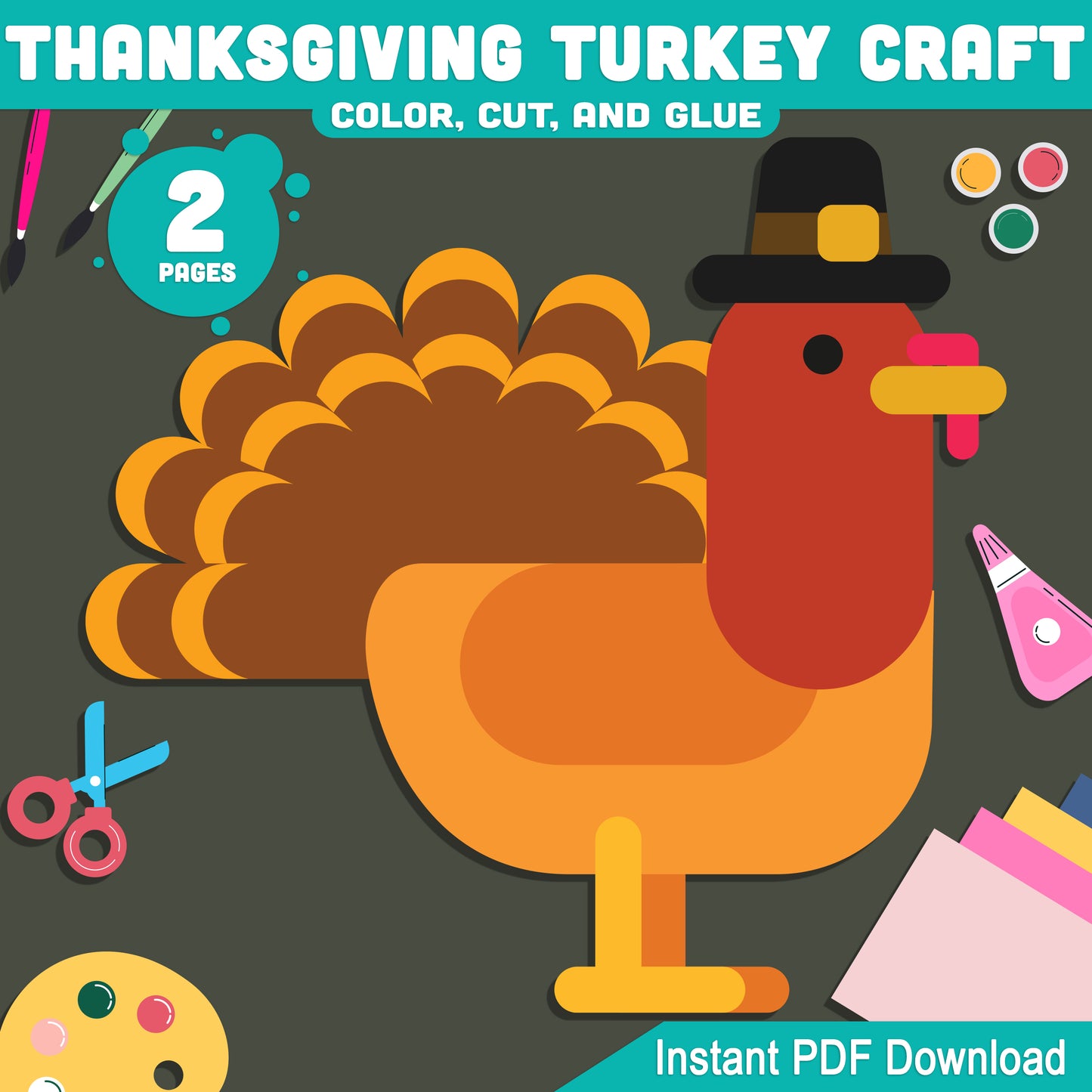 Cute & Simple Thanksgiving Turkey Craft: Fun Color, Cut, and Glue Activity for Kids – Perfect for Thanksgiving Art Projects, Instant Download