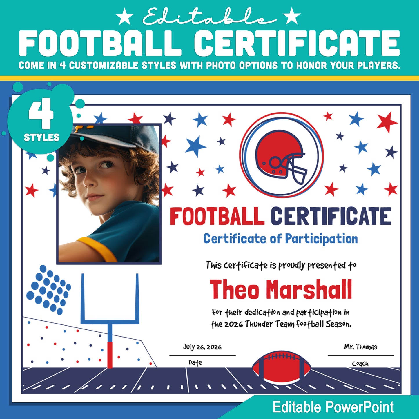 Editable Football Certificates | 4 Styles with Photo Options | Youth Team Awards, Player Recognition - 8.5x11 PowerPoint Instant Download