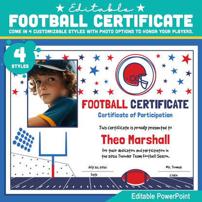 Editable Football Certificates | 4 Styles with Photo Options | Youth Team Awards, Player Recognition - 8.5x11 PowerPoint Instant Download
