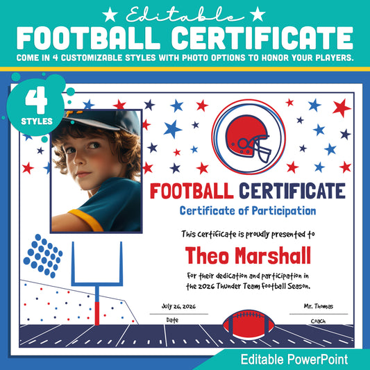 Editable Football Certificates | 4 Styles with Photo Options | Youth Team Awards, Player Recognition - 8.5x11 PowerPoint Instant Download