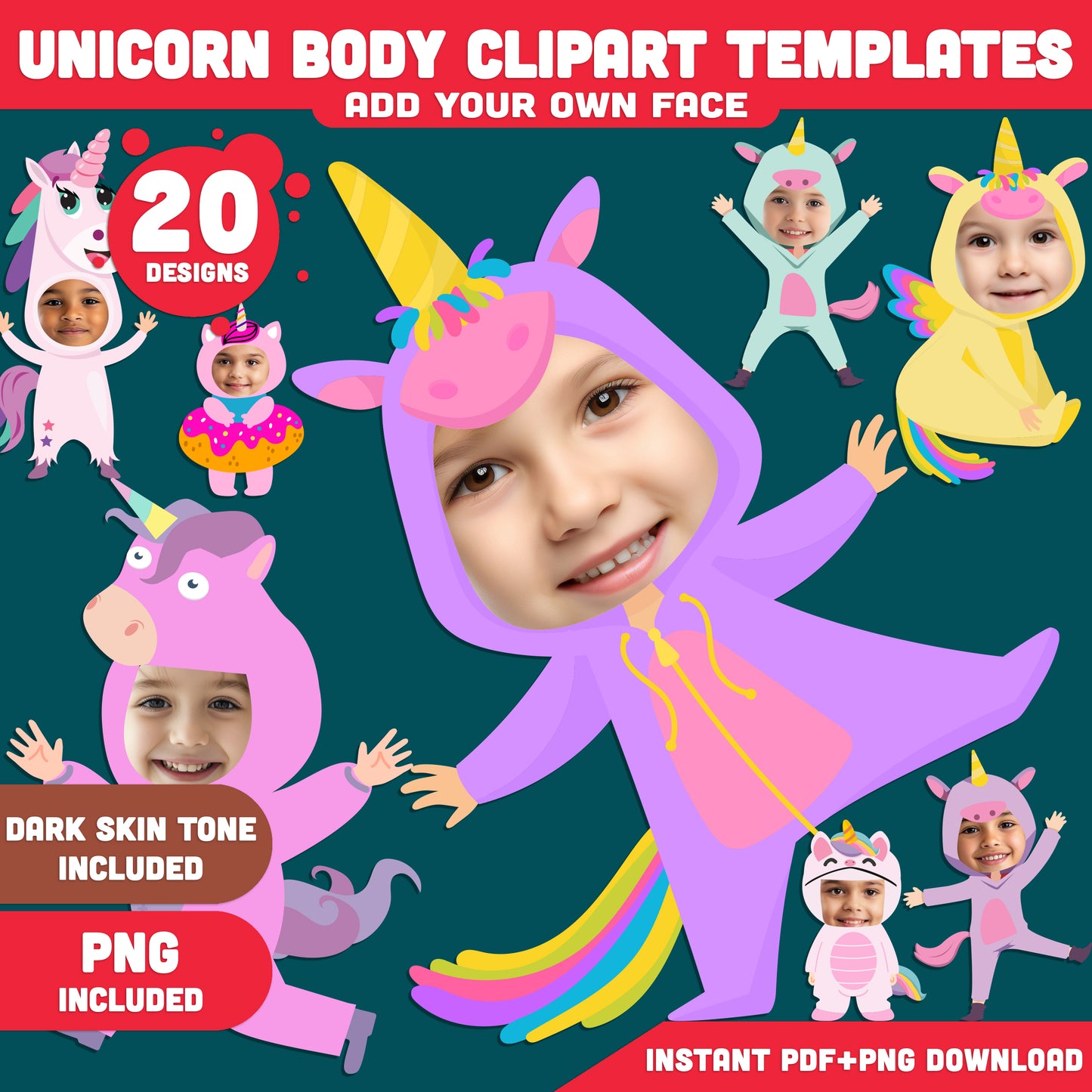 Unicorn Body Clipart Templates: Personalize with Your Photo Face, Fun Unicorn Cutouts for Kids' Creative Crafts, Fairy Tale Printable Light + Dark Skin Tone, PDF + PNG Download.