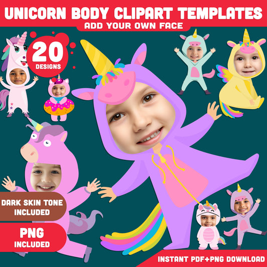 Unicorn Body Clipart Templates: Personalize with Your Photo Face, Fun Unicorn Cutouts for Kids' Creative Crafts, Fairy Tale Printable Light + Dark Skin Tone, PDF + PNG Download.