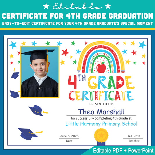 Fourth Grade Certificate Template with Photo: Editable PDF & PowerPoint for Graduation Ceremonies, Special Awards, and Achievement Recognition