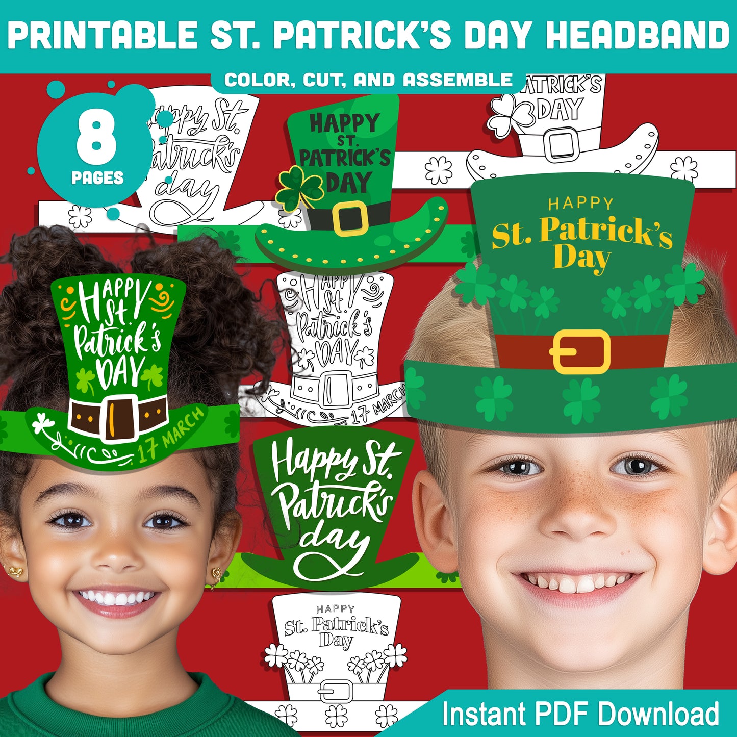 Printable St. Patrick’s Day Headband and Crown Hat Crafts for Kids, Lucky Leprechaun Shamrock Paper Wearable Set, Party Play Activity, Pre-color + Black & White PDF