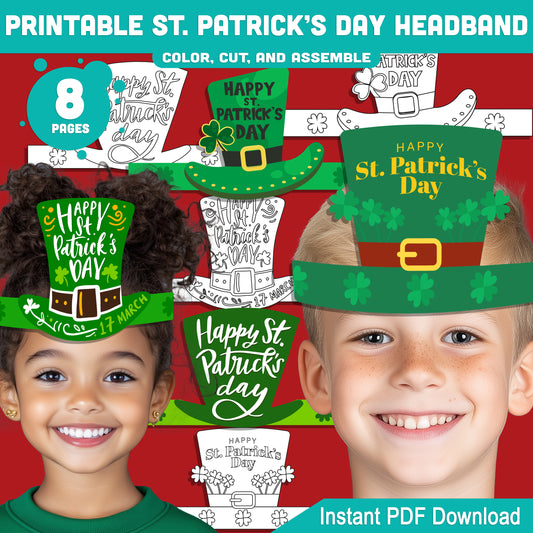 Printable St. Patrick’s Day Headband and Crown Hat Crafts for Kids, Lucky Leprechaun Shamrock Paper Wearable Set, Party Play Activity, Pre-color + Black & White PDF