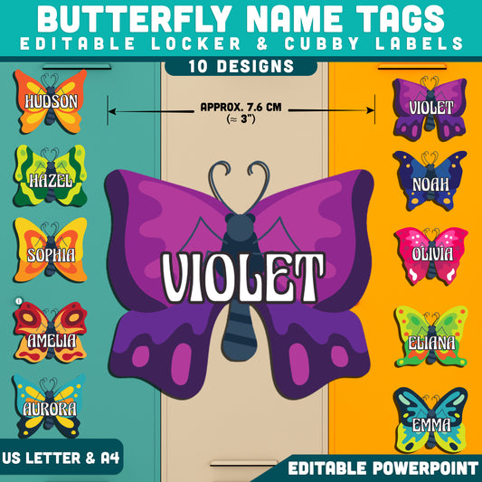 Butterfly Locker Tags, Name Tags, Editable Locker & Cubby Labels, Personalized Student Storage Labels, PowerPoint, 10 Designs, US Letter, A4
