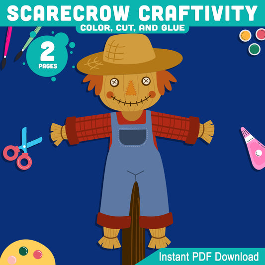 Scarecrow Craftivity, Fall Paper Activity for Kids, Autumn Color Cut and Create Project, Pre-Colored & Black and White, US Letter 8.5x11 & A4