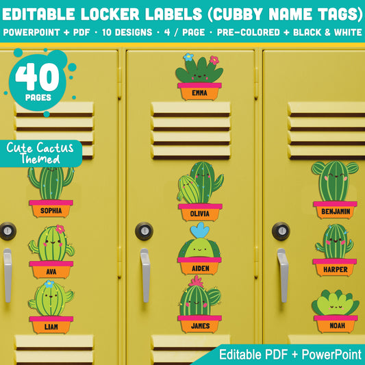 Editable Locker Labels (Cubby Name Tags), Cute Cactus Themed, 10 Fun Designs, PDF + PowerPoint, Color and Black & White, 4 Tags per Sheet
