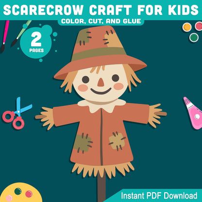 Scarecrow Craft for Kids, Autumn Cut and Assemble Activity, Fall Farm Art, Build a Scarecrow Project, Pre-Colored & Black and White, Letter & A4
