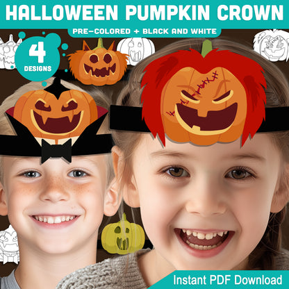 Halloween Pumpkin Crown, Printable Pumpkin Headband, Paper Hat Craft, Pre-Colored and Black & White, 4 Designs, Halloween Activity, A4, US Letter