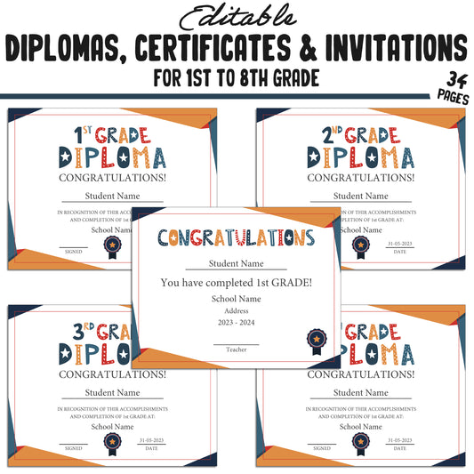 Printable 4th Grade Diplomas, Editable Certificates for 1st-8th Grades & Invitation Templates in a Flat Design, 34 Pages, Instant Download