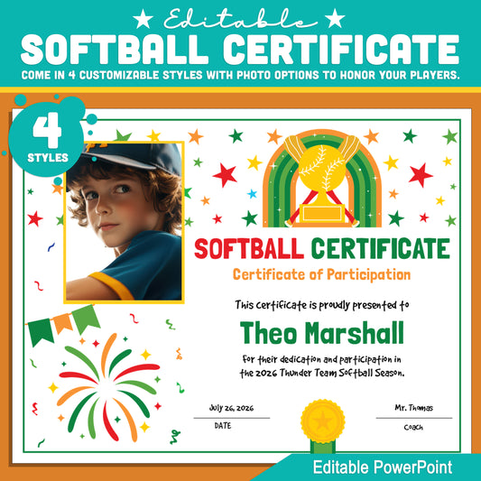 Editable Softball Certificates - 4 Styles with Photo Options | Youth Team Awards | Instant Download 8.5x11 PowerPoint Template