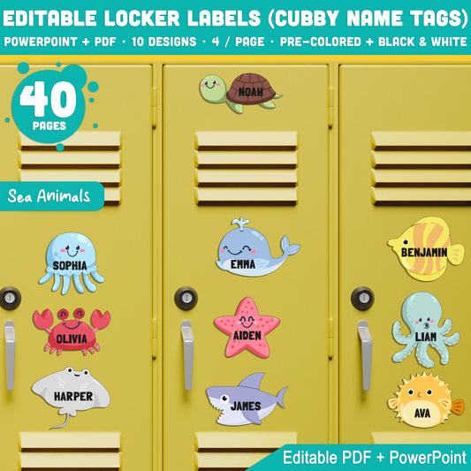 Back to School Editable Locker Labels (Cubby Name Tags), Sea Animal Themed – 4 Per Page, PDF + PowerPoint, 40 Pages of Fun
