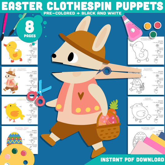 Easter Clothespin Puppets for Kids, 8-Page Printable Craft with Bunny, Chick, Duckling & Egg, Fun Spring Activity for Pretend Play, Instant PDF