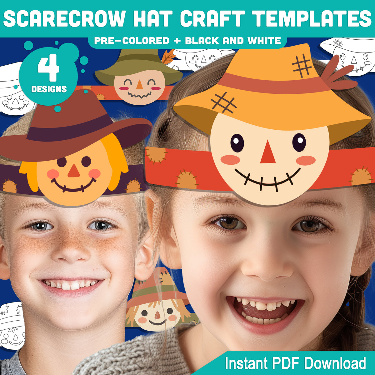 Scarecrow Hat Craft Templates, Autumn Paper Crown, Printable Headband & Hat, Pre-Colored and Black & White, Fall Craft, 4 Designs, A4, US Letter