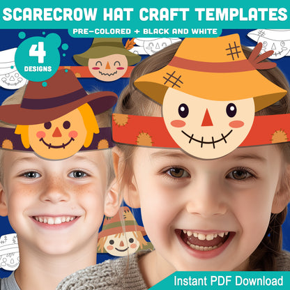 Scarecrow Hat Craft Templates, Autumn Paper Crown, Printable Headband & Hat, Pre-Colored and Black & White, Fall Craft, 4 Designs, A4, US Letter