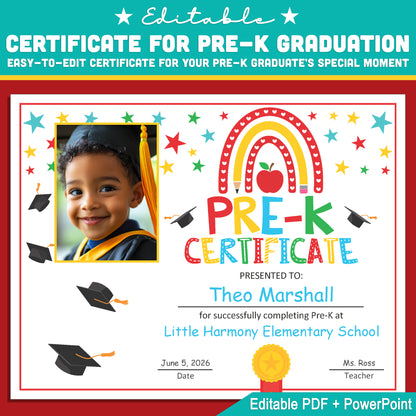 Editable Graduation Certificate with Student Photo for Pre-K, Moving Up Award, PowerPoint + PDF, Letter Size, Instant Download for Kids