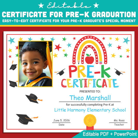Editable Graduation Certificate with Student Photo for Pre-K, Moving Up Award, PowerPoint + PDF, Letter Size, Instant Download for Kids