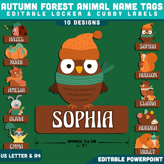 Autumn Forest Animal Name Tags, Editable Locker & Cubby Labels, Woodland Fall Theme, PowerPoint Template, 10 Designs, Student Spaces, US Letter, A4