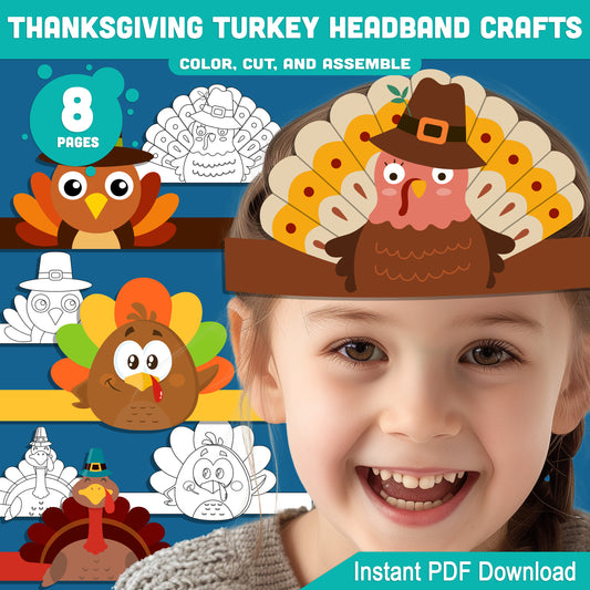 Printable Thanksgiving Turkey Headband Crafts, Fall Paper Crown Hat for Kids, Color, Cut & Wear Autumn Activity, 5 Turkey Designs, Pre-colored + Black & White, PDF