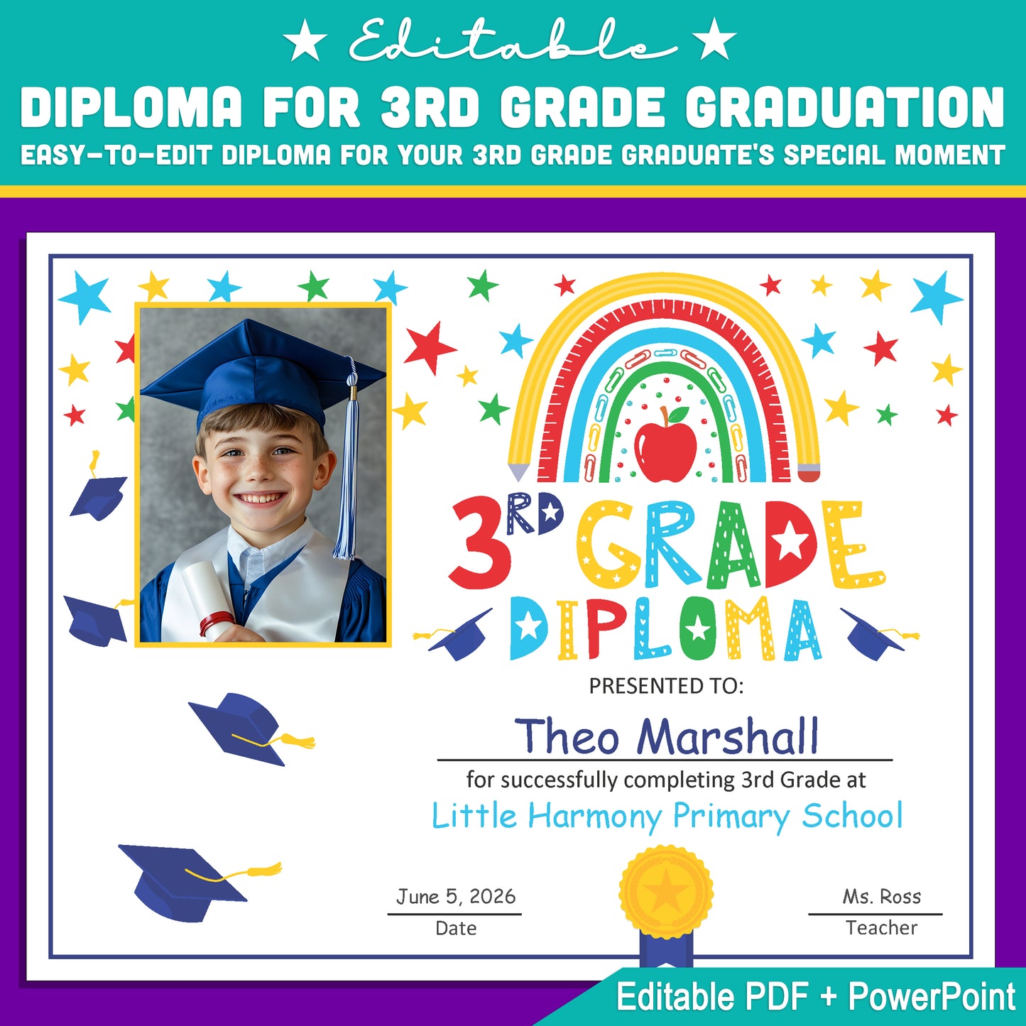 Photo-Enhanced 3rd Grade Diploma Template: Editable 8.5x11 PDF & PowerPoint for Graduation, Milestones, and Achievement Recognition