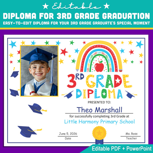 Photo-Enhanced 3rd Grade Diploma Template: Editable 8.5x11 PDF & PowerPoint for Graduation, Milestones, and Achievement Recognition