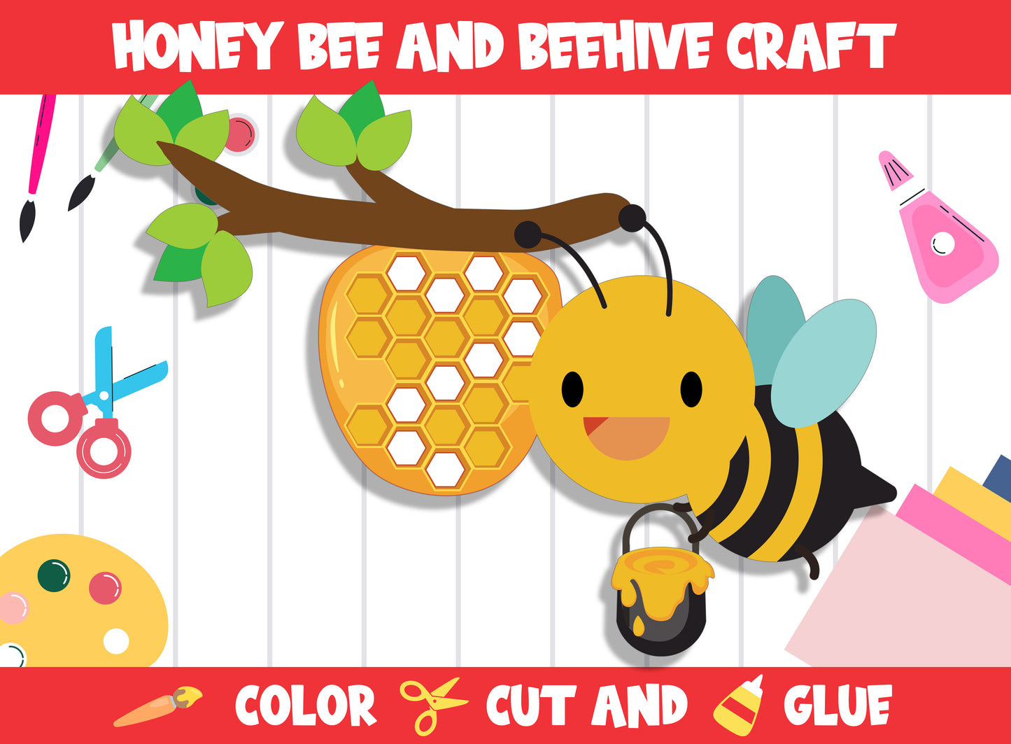 Honey Bee and Beehive, Spring Craft Activity : Color, Cut, and Glue for PreK to 2nd Grade, PDF File, Instant Download