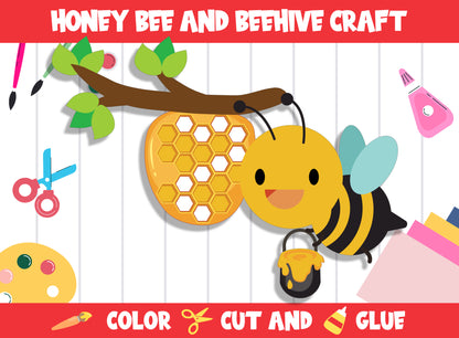 Honey Bee and Beehive, Spring Craft Activity : Color, Cut, and Glue for PreK to 2nd Grade, PDF File, Instant Download