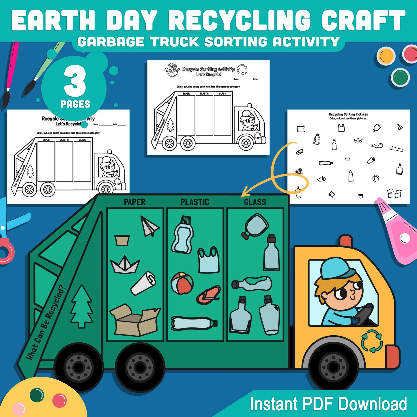Earth Day Recycling Craft, Garbage Truck Sorting Activity, Recycle Sorting Worksheet, Cut and Paste Activity for Kids, Classroom Printable PDF