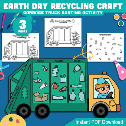 Earth Day Recycling Craft, Garbage Truck Sorting Activity, Recycle Sorting Worksheet, Cut and Paste Activity for Kids, Classroom Printable PDF