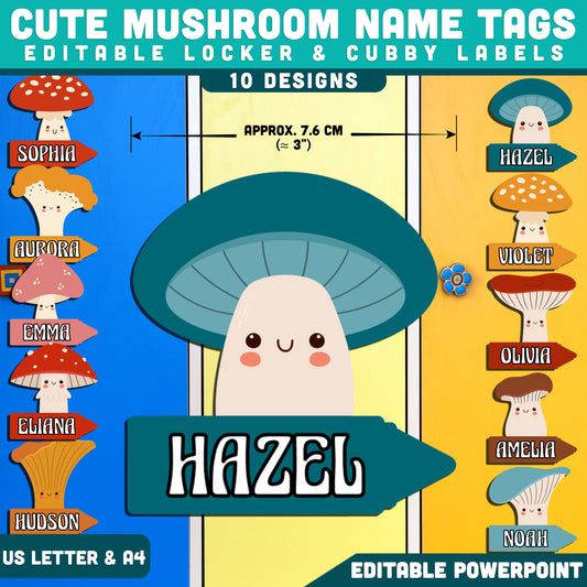 Cute Mushroom Name Tags, Editable Locker & Cubby Labels, Cozy Classroom Organization, PowerPoint, 10 Designs, Student Spaces, US Letter, A4