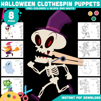 Halloween Puppet Craft for Kids, Clothespin Characters, Skeleton Ghost Witch Frankenstein