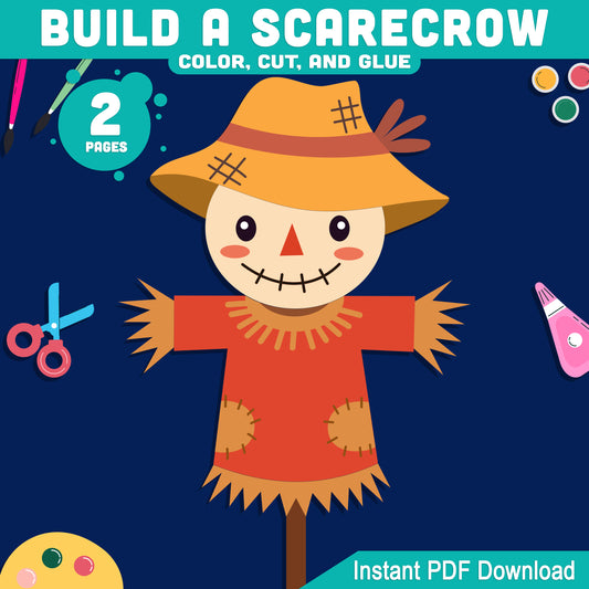 Build a Scarecrow Craft, Fall Paper Craft for Kids, Autumn Color Cut and Assemble Activity, Pre-Colored & Black and White, US Letter 8.5x11 & A4