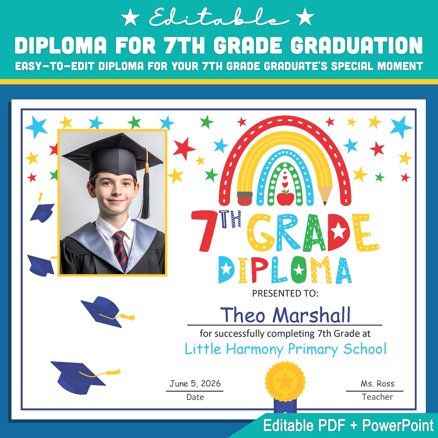 7th Grade Diploma Template with Photo: Editable PDF & PowerPoint for Graduation, Special Milestones, Recognition Awards, Letter Size Design