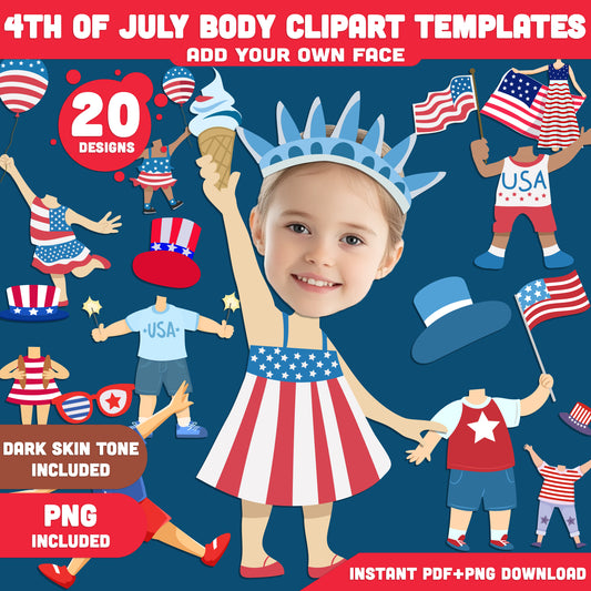 4th of July Body Cutout Templates: Add Your Face, Fun Patriotic Printable Figures for Kids' DIY Craft and Decorations,Light + Dark Skin Tone, PDF + PNG