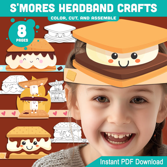 Printable S'mores Headband Crafts for Camping Theme – Fun Summer End of School Activity for Kids, 4 Designs, 8 Pages, Instant PDF Download