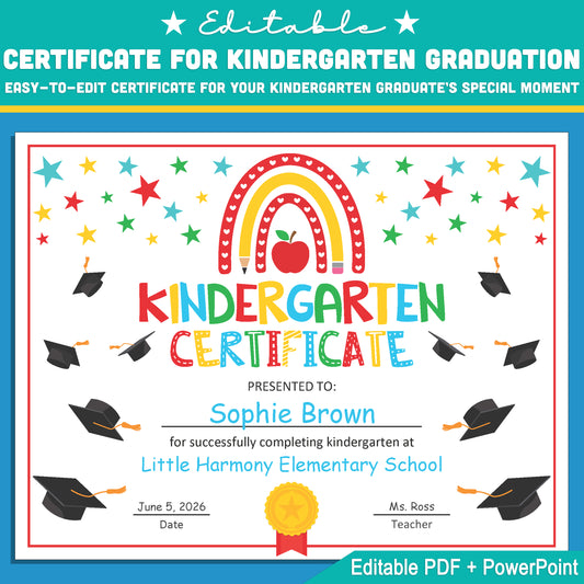 Moving Up Certificate for Kindergarten – Editable End of Year Rainbow Graduation Template in PowerPoint and PDF, Instant Download