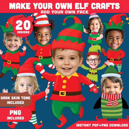 Make Your Own Elf Crafts – Add Your Face Christmas Elf Templates, 20 unique designs Light + Dark Skin Tone, PDF + PNG for Kids, Classroom and Holiday Activities