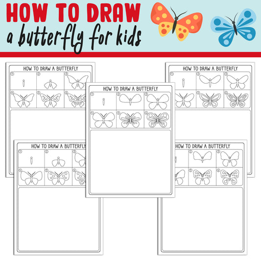 Learn How to Draw a Butterfly for Kids: Directed Drawing Step by Step Tutorial, Includes 5 Coloring Pages, PDF File, Instant Download.