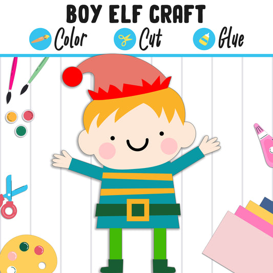 Cute Boy Elf Craft: Fun Christmas Activity for Kids, Color, Cut, and Glue, Pre K to 2nd Grade, PDF Instant Download